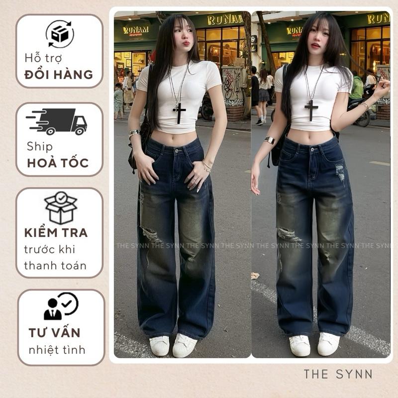 QJ34 S-XL 100-102cm - Quần Jeans Đứng Form Phối Rách Lưng Cao Ống Rộng Màu Wash Đậm Tôn Dáng Form Unisex Nữ Women Nữ Women