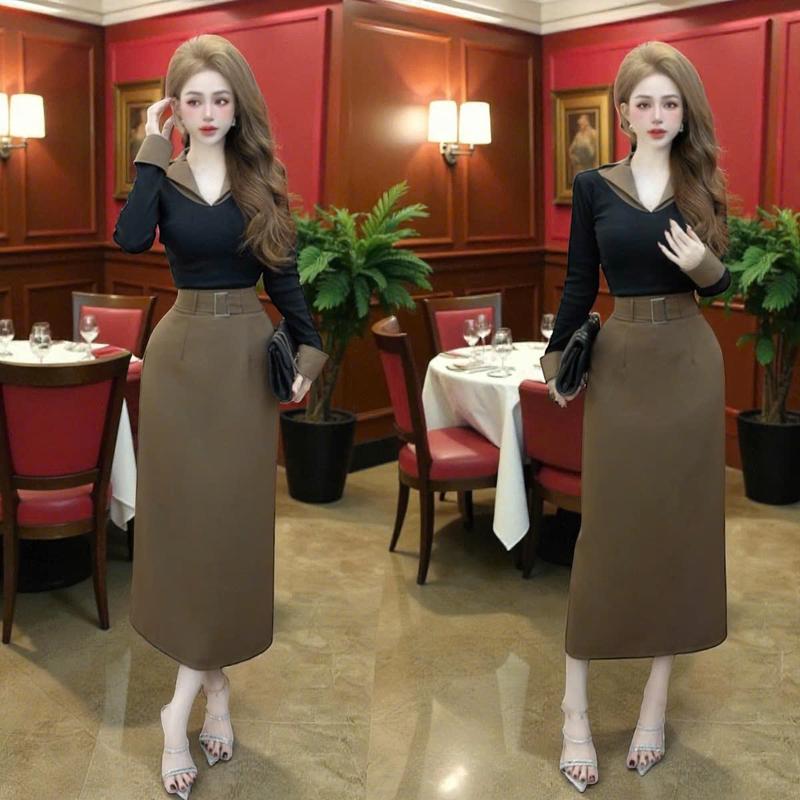Set áo váy CRAZYTEEN S6576 gồm áo kiểu tay dài và chân váy dáng suông để đi chơi Áo tay dài Chân váy Thắt lưng Set đồ nữ đẹp