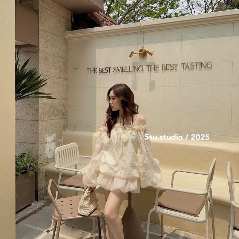 Áo trễ vai dài tay tơ thêu hoa thiết kế tay bồng phối dây nơ siêu xinh lên dáng cực kì tiểu thư - Yumee-3 màu trắng,be,đen