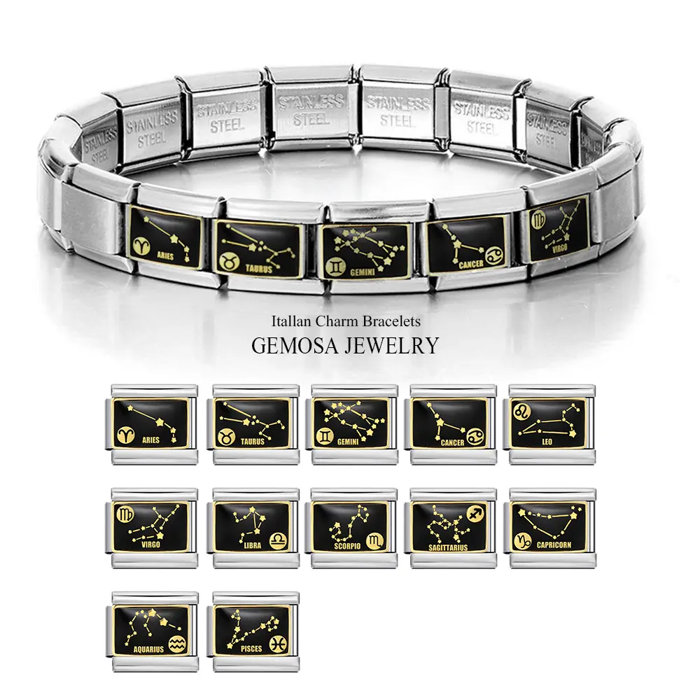 Vòng Tay Quyến Rũ Ý, Màu Đen Cung Hoàng Đạo, Chuỗi Liên Kết, Zircon, Thép Không Gỉ, Dây Chuyền Tay, Vòng Tay Maloi, Quà Tặng Trang Sức Tự Làm