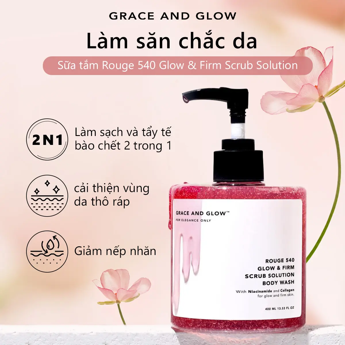 [Ưu đãi chỉ có trong Livestream] Sữa tắm có hạt scrub Grace and Glow Rouge 540 Scrub Solution 400ml Dưỡng Da Body