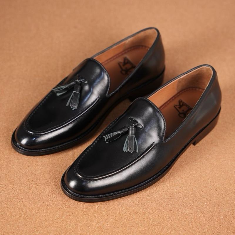  Giày Nam Tassel Loafer đen Da bò ý cao cấp đế gỗ phíp cao cấp 