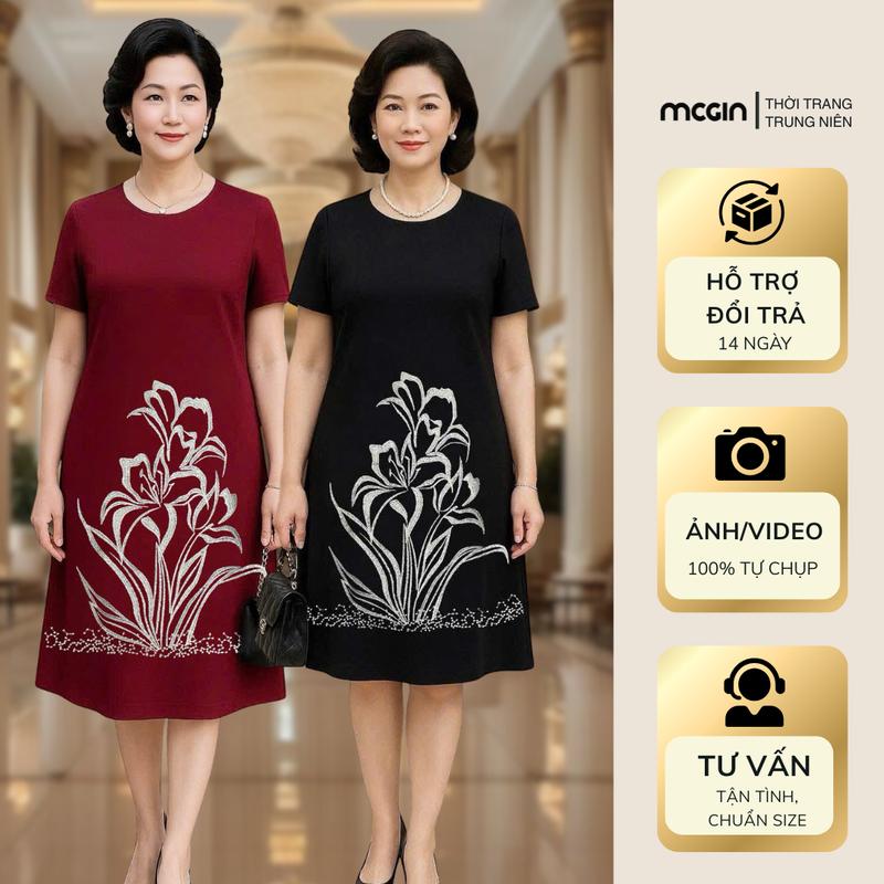 CG048 ADS Đầm Trung Niên Thiết Kế Cao Cấp Bigsize Thêu Hoa Ly phù hợp cho mẹ cho bà U40-U65 form suông A giấu bụng che khuyết điểm MCGIN Nữ Dress Women Voan Đen Màu Đen đầm đỏ