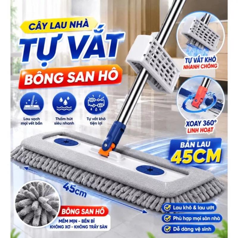 (1 chổi +2 Bông Lau) Cây Chổi Lau Nhà Tự Vắt Bông SAN HÔ 45cm,cán inox 135cm Chổi Lau Nhà Thông Minh Xoay 360 độ thông minh
