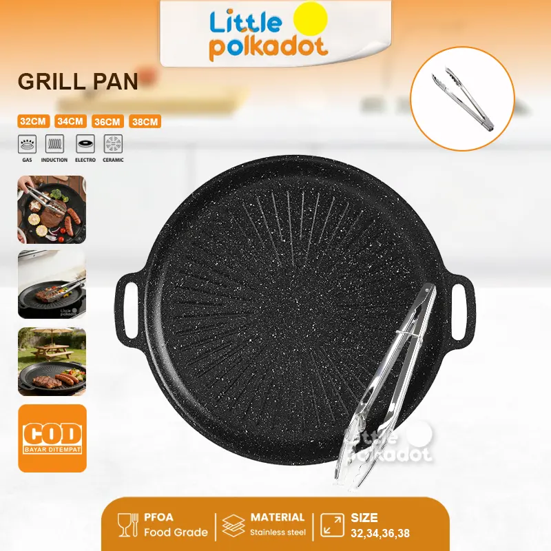 Littlepolkadot Grill Pan Bulat + Capitan Makanan Stainless Steel Wajan BBQ Anti Lengket Korea Cocok Untuk Penggunaan Di Luar Dan Di Dalam Ruangan Untuk Memanggang Ikan Steak Dan BBQ Wajan