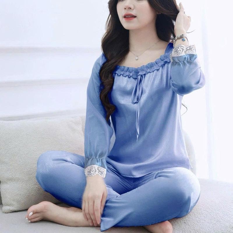 Size 37kg-68kg Quần áo mặc nhà cổ vuông nơ tay lỡ quần dài nữ vải lụa hàn và đũi xước mềm sét bộ sau sinh Women Cạp Cao Top Voi Quần Ngủ