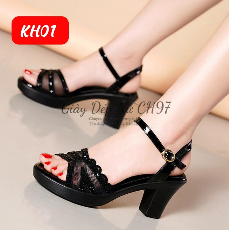 Dép nữ cao gót Trung Niên mẫu quai hậu đính đá siêu đẹp trẻ trung 5 phân 7 phân mã KH01 GiàY DéP Shoes Jean