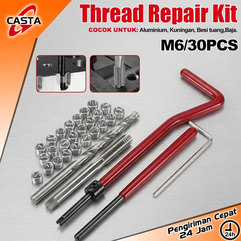 CASTA Paket Repair Ulir Baut M6 30pcs, Insert Thread Kit, Alat Bengkel untuk Mengatasi Drat Slek Dol Rusak pada Mobil Motor Mesin, Mudah Dipasang dengan Bor HSS 6.2mm, Tap M6, Insert dan Kunci Pasang Lengkap Praktis Harian