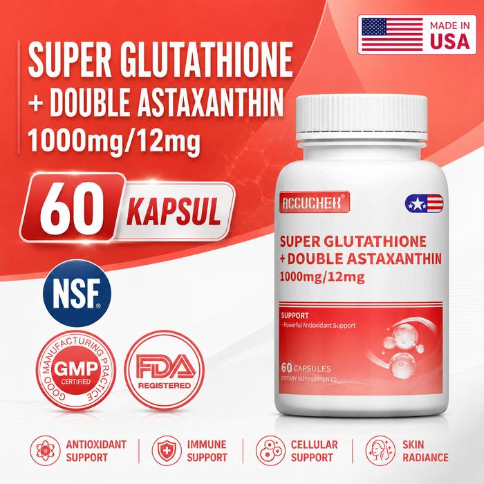Gambar Suplemen Glutathione + Double Astaxanthin 1000/12mg, Mencerahkan Kulit & Perlindungan Antioksidan Maksimal, 60 softgel dari ACCUCHEK Nutristore Kota Tangerang Tokopedia
