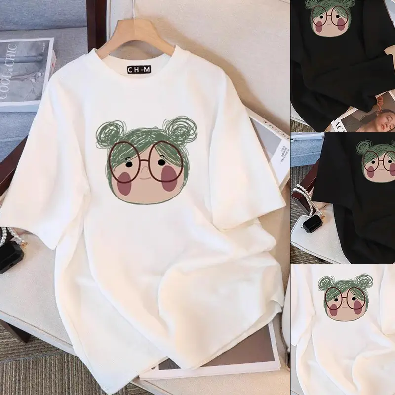 White cartoon short sleeve women's T-shirt 2024 new cotton loose large version half sleeve top