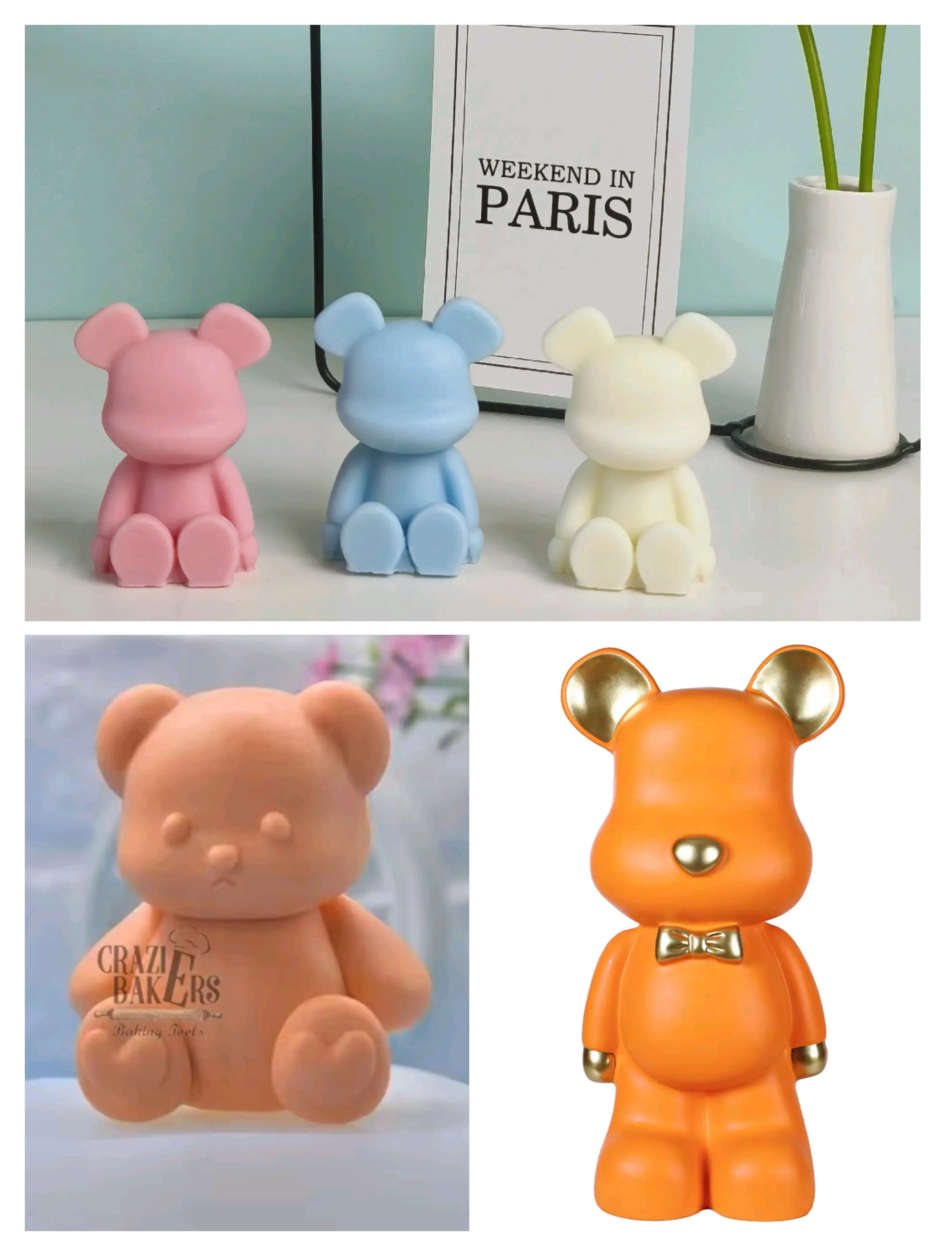 Cetakan Silikon Lilin Pudding Heart Feet Bear - Violent Bear - Mini Bow Bear  Bear Telapak Kaki ada Hati Bear Pita 3D