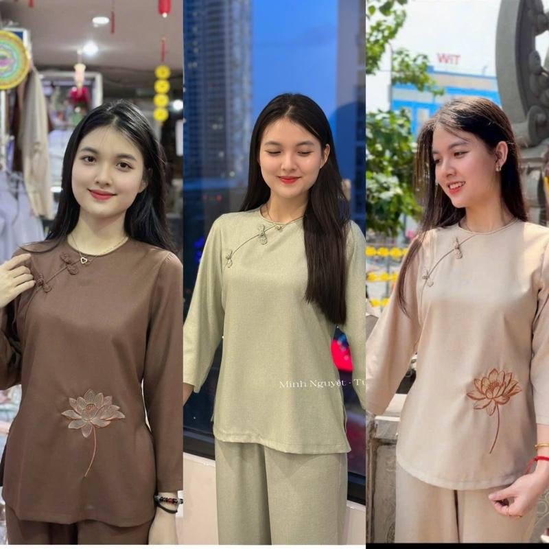   VẢI MÁT  fom xuông Set bộ đồ chất LINEN trơn thêu hoa sen nhẹ nhàng. 