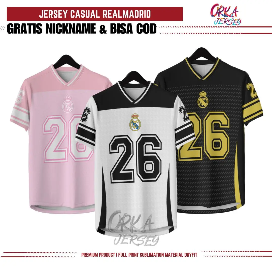 Jersey Casual Realmadrid 2024 Full Printing Premium Gratis Pasang Nama dan Nomor Pakaian