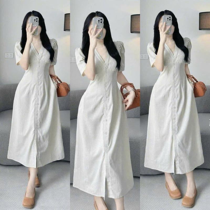 Đầm váy nữ thiết kế cổ V tay ngắn dáng dài chất đủi vân mây mềm mại xᶖnh xắn thanh lịch phù hợp cho các nàng đi chơi, dạo phố