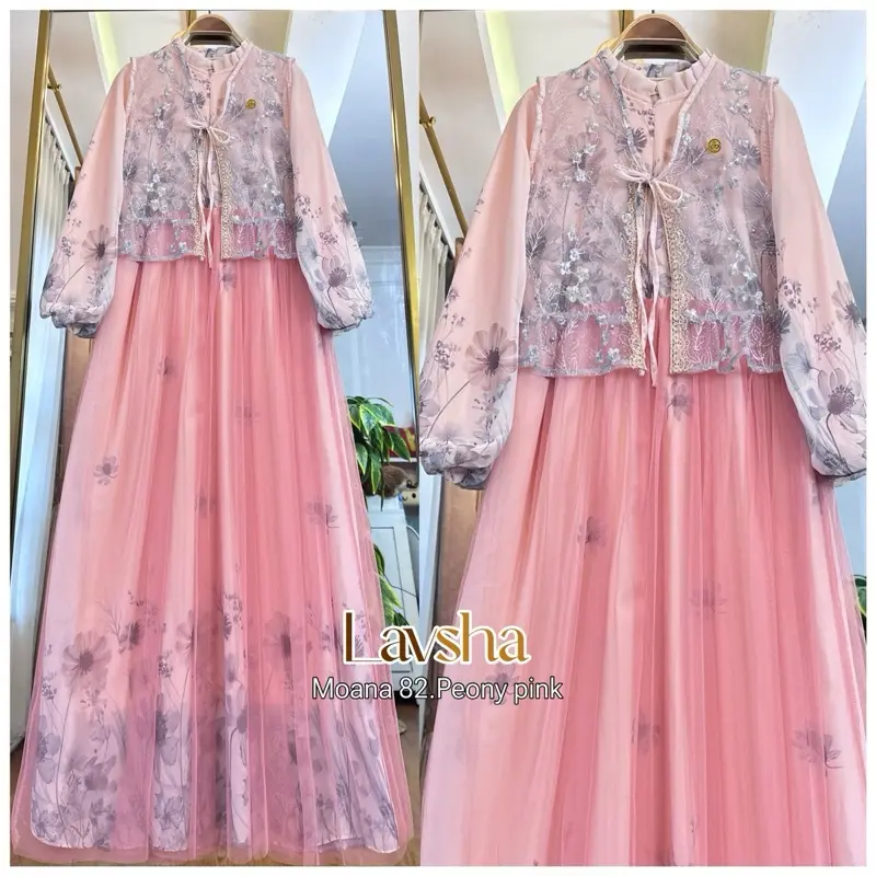 Moana Dress Gamis Wanita Muslim Mewah Ceruty Babydoll Printing Mix Tille Tutu Cantik