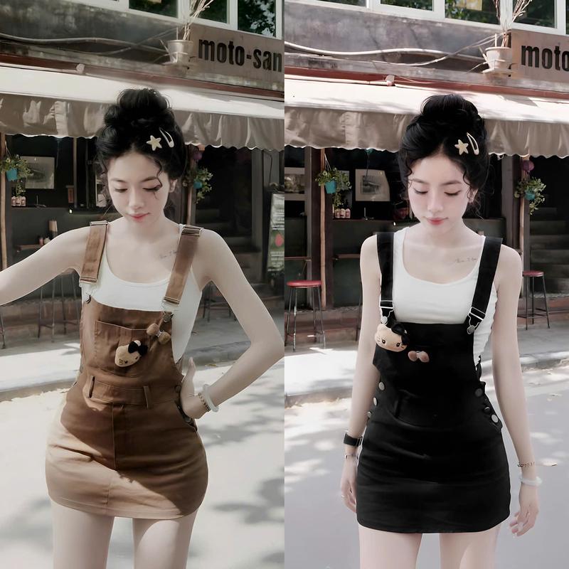 Sét Yếm Kaki Phối Áo Trong Tăm Có Mút Ngực Kèm Gấu Có Lót Quần Trong Quyến Rũ Nữ Tính Dịu Dàng Thanh Lịch Sang Trọng Dễ Thương  - Free Size - Women, Top Màu ĐEN- ĐỎ