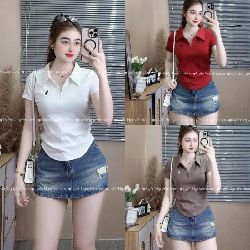 Áo thun polo ôm vừa - khoá kéo thêu ngựa vạt bầu hách dáng - S888
