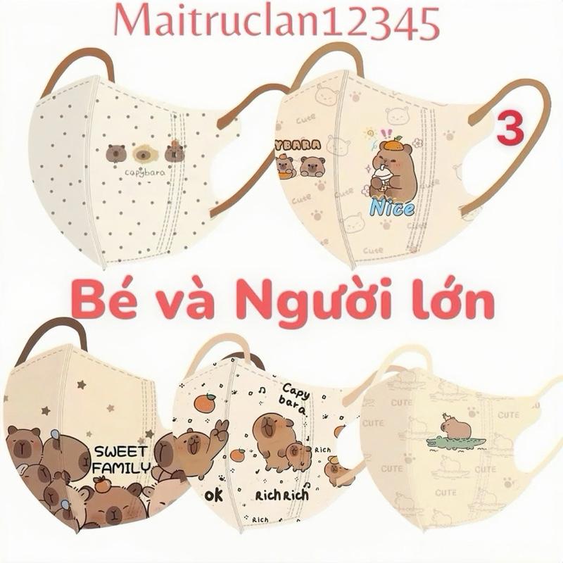 Combo 50 khẩu trang Chuột Cappy.Bara cho bé trai, gái từ 0-8 tuổi (6-30kg)và Người Lớn - Vải lụa hàng ép túi riêng từng cái
