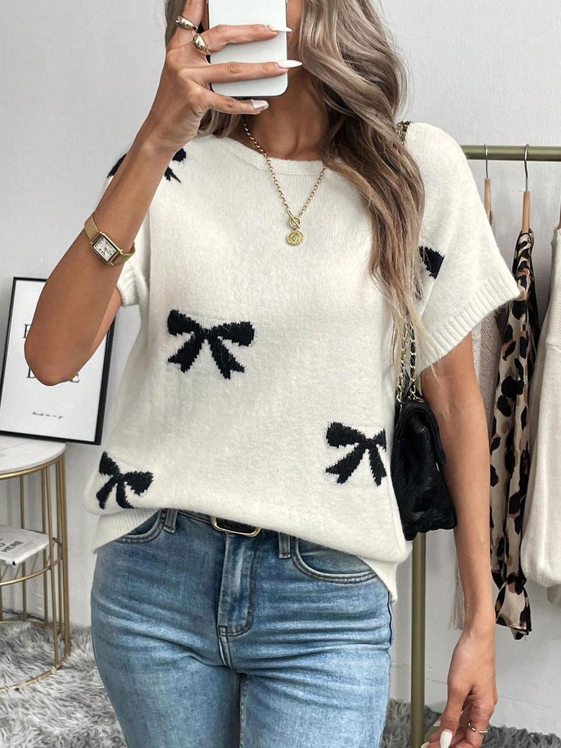 Product Introduction of Women's Bow Pattern Crew Neck Sweater Pullover, Casual Short Sleeve Jumper for Summer, Fashion Women's Knitwear for Daily Wear 3