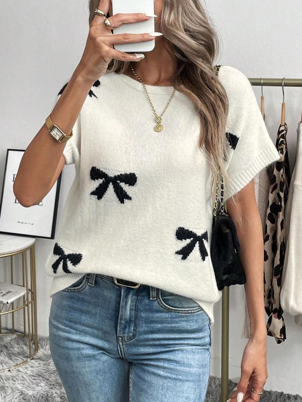 Women's Bow Pattern Crew Neck Sweater Pullover, Casual Short Sleeve Jumper for Summer, Fashion Women's Knitwear for Daily Wear 2