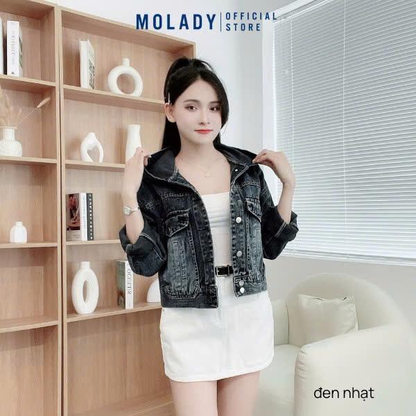 MOLADY - Áo Khoác Jeans Nữ Form Basic, Túi Hộp Tiện Lợi, Thêu Gấu Sau Lưng Độc Đáo K26
