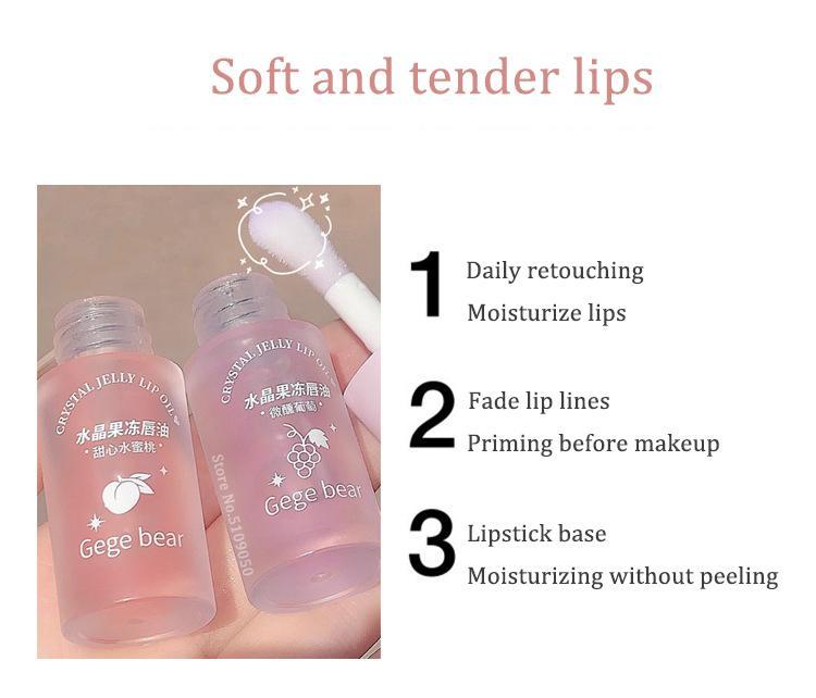 Product Introduction of Crystal Jelly Lip Oil Hydrating Plumping Lip Gloss Coat For Cute Makeup Lipsticks Tinted Clear Serum Fruit Lip Balm Cosmetics Peach Brush 43