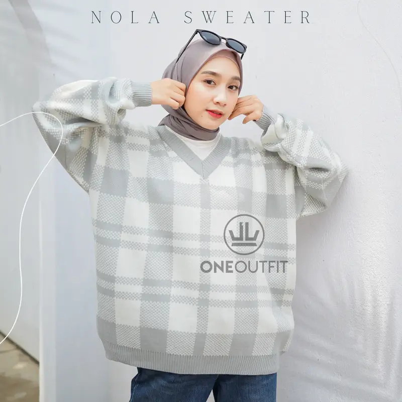 Oneoutfit Sweater Rajut Wanita Premium Terbaru Motif Kotak Nola Oversize Bahan Knit Halus Lembut 2