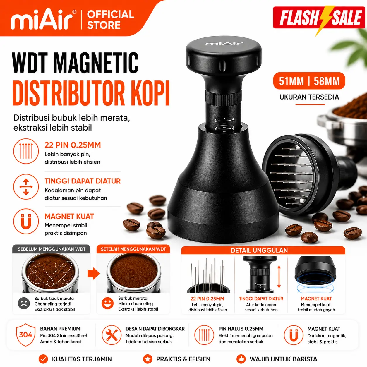 Miair WDT Distributor Kopi Magnetik 51mm 58mm 22 Pin Adjustable Stainless Steel Alat Espresso Premium