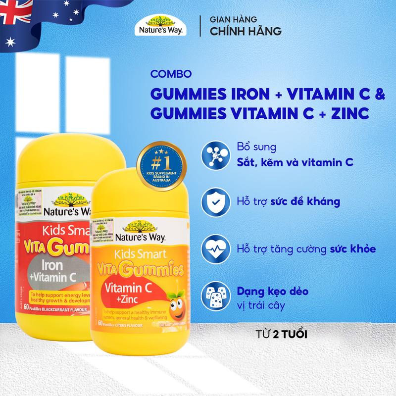 Combo Kẹo Dẻo Gummies Iron+ Vitamin C và Vitamin C+ ZinC bổ sung sắt kẽm vitamin c giúp bé ăn ngon miệng hỗ trợ tăng đề kháng cho bé