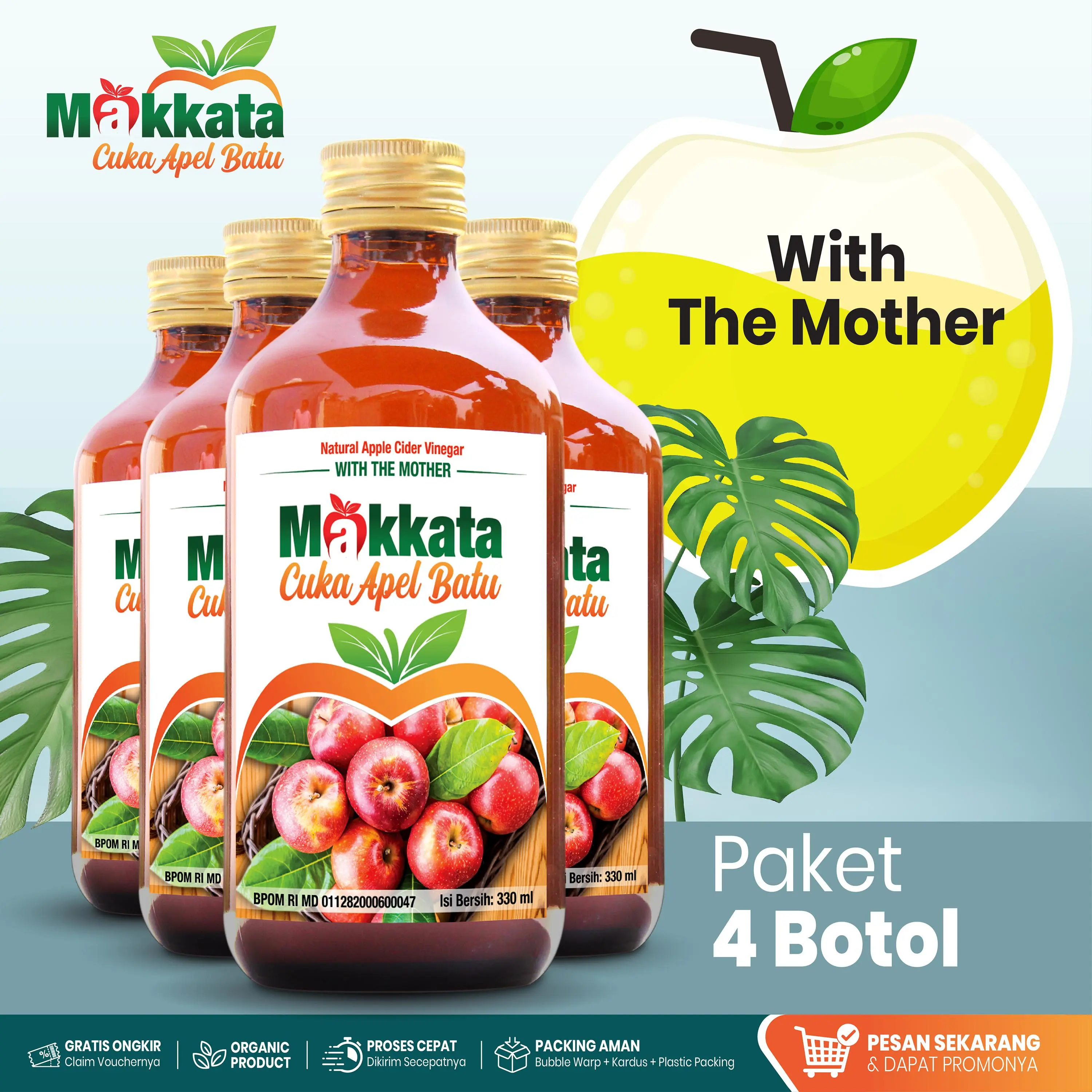 Paket 4 Botol Cuka Apel Makkata With The Mother Organic BPOM