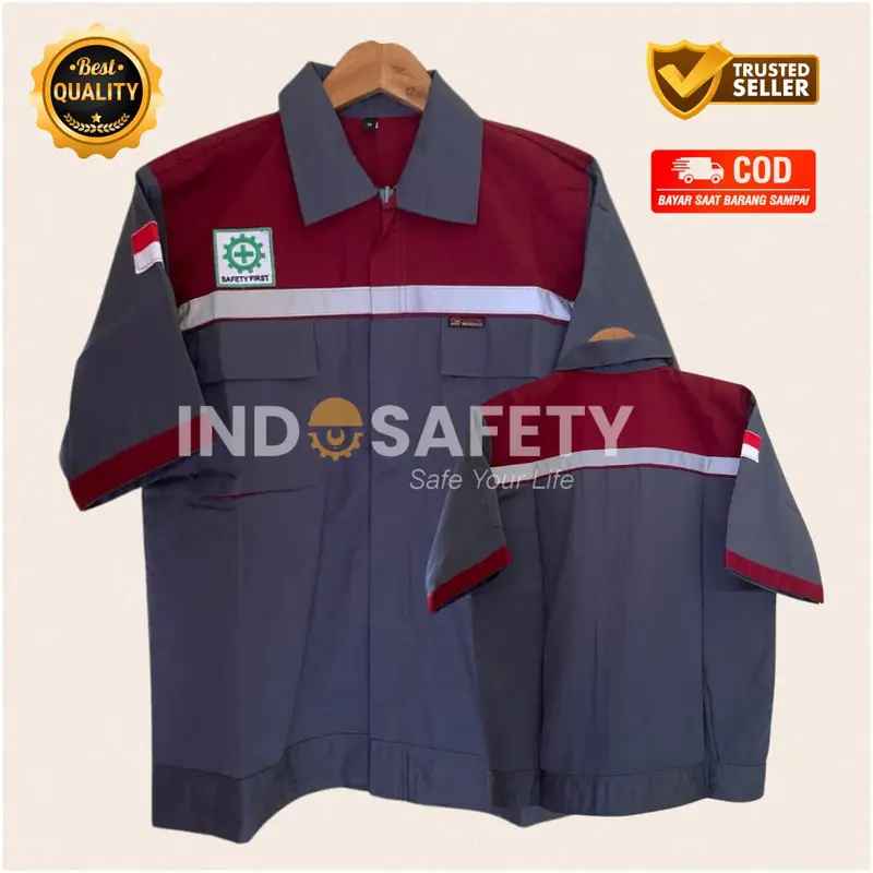 COD I ATASAN Baju  WEARPACK SAFETY MODEL STANDAR LENGAN PENDEK KOMBINASI ABU MAROON Kerja 0