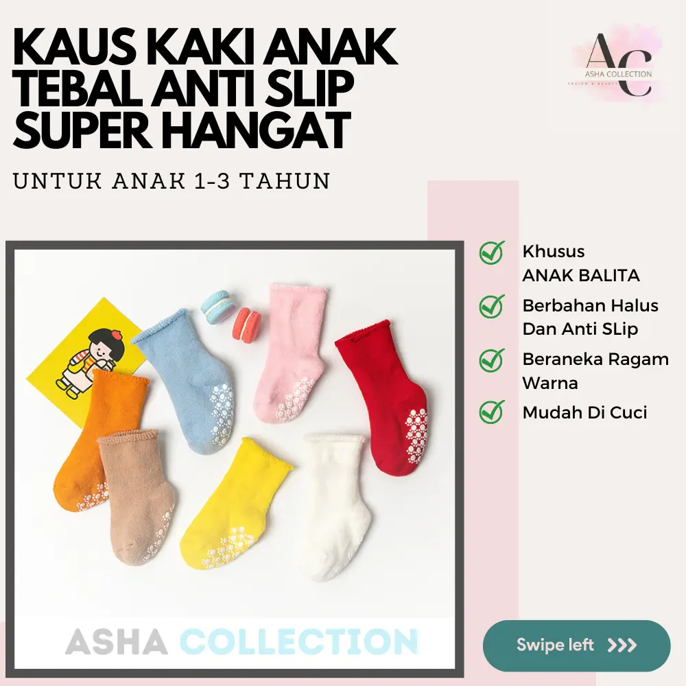 Asco Kaos Kaki Anak Bayi Balita Antislip Blush Kaki Baby Kids Socks Kaos Kaki Musim Dingin Tebal Kaus Kaki Anak 1 - 3 Tahun