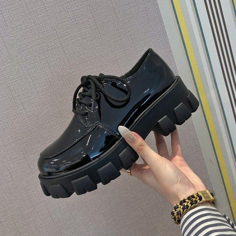 Thick Bottom Platform Shoes British Style 2024 Spring, Summer, Autumn Preppy Style Versatile Height Increasing Patent Leather Student round Toe Leather Shoes Female 5