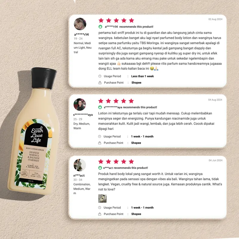 EARTH LOVE LIFE Javanese Moringa & Balinese Starfruit Body Lotion 250 ml  BODY SERUM | LOTION WANGI | LOTION MELEMBABKAN | LOTION KULIT SENSITIF | LOTION MENCERAHKAN | SPF | ALERGI | LOTION CERAH | LOTION PREMIUM 6
