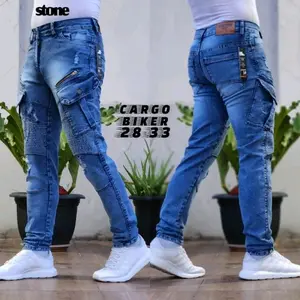 Celana Pria Jeans Cargo panjang Slimfit Premium | Celana pria jeans sobek bikers | Celana cargo jeans biker | celana biker Stretch