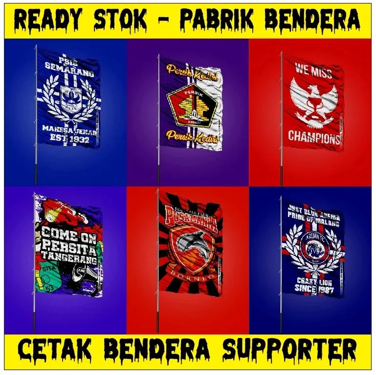 READY STOK + BENDERA BOLA, CETAK DESAIN BENDERA LIGA INDONESIA 1, DESAIN PERSIS SOLO, DESAIN PERSIJA, DESAIN PSM, GIANTFLAG PERSEBAYA, BENDERA PRINTING PSIS, CETAK DESAIN SUPPORTER BOLA, BENDERA CUSTOM