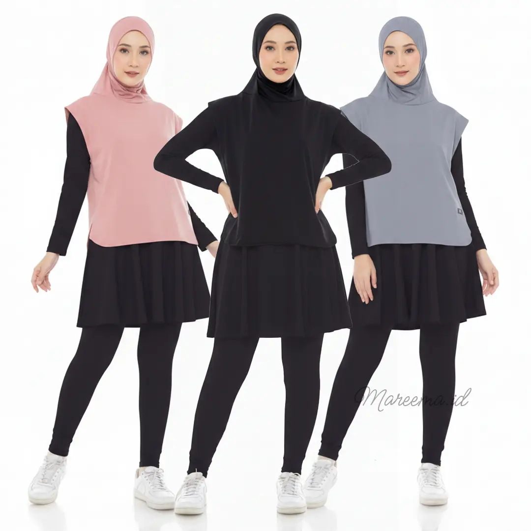 Setelan Olahraga 3 in 1 Hijab Rompi Instan Vest Rok Legging Manset Wanita Terbaru Sport Kekinian