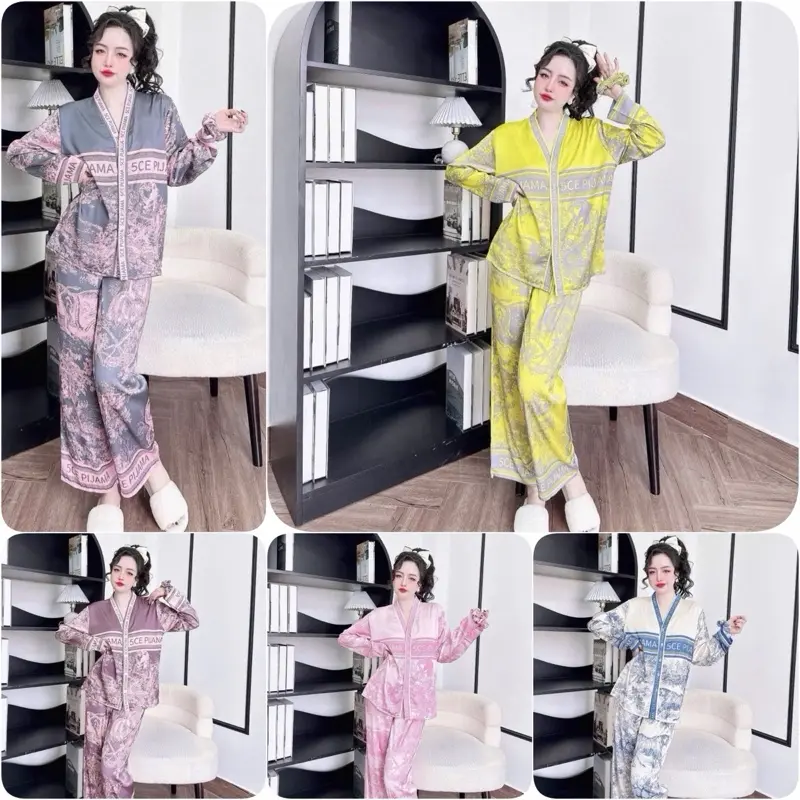 Đồ Bộ Cao Cấp Lụa Latin Kèm Cột Tóc Size 45-65kg Chất Liệu Lụa Mềm Mát Cho Nữ Quần Ngủ Women Áo Top May Kỹ Cắt Chỉ Sạch 0