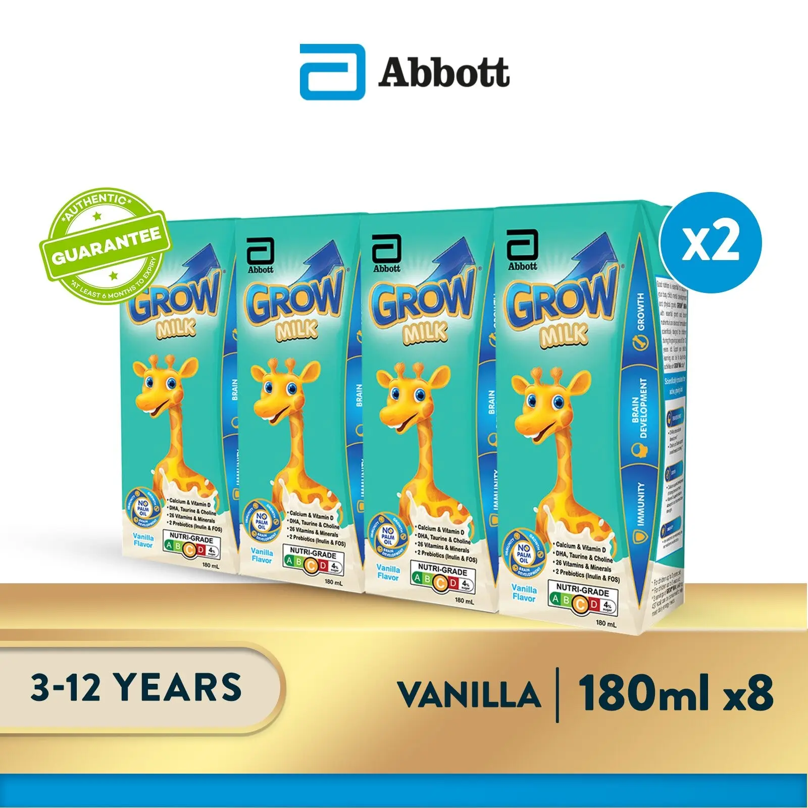 [Bundle of 2] GROW Growing Up Milk for Kids - Ready-To-Drink Vanilla (3 - 12 years) - 4x180ml