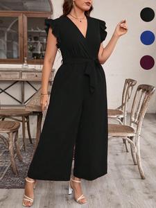 Mono para mujer de talla grande, ajuste holgado, cuello en V, cintura alta con cinturón y pantalones de pierna ancha, ropa casual para vacaciones de verano, sesión de fotos en la playa