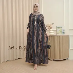 Baju Dress Gamis Batik Cap Rayon Twill Premium Busui Resleting Depan LD 120cm Dress Wanita Muslim Katun Motif Kekinian