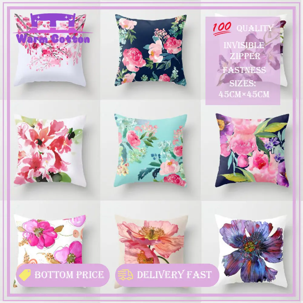 Warm Cotton Plant Floral Square Pillow Case set for Sofa 18x18 inch zipper pillowcase cover size