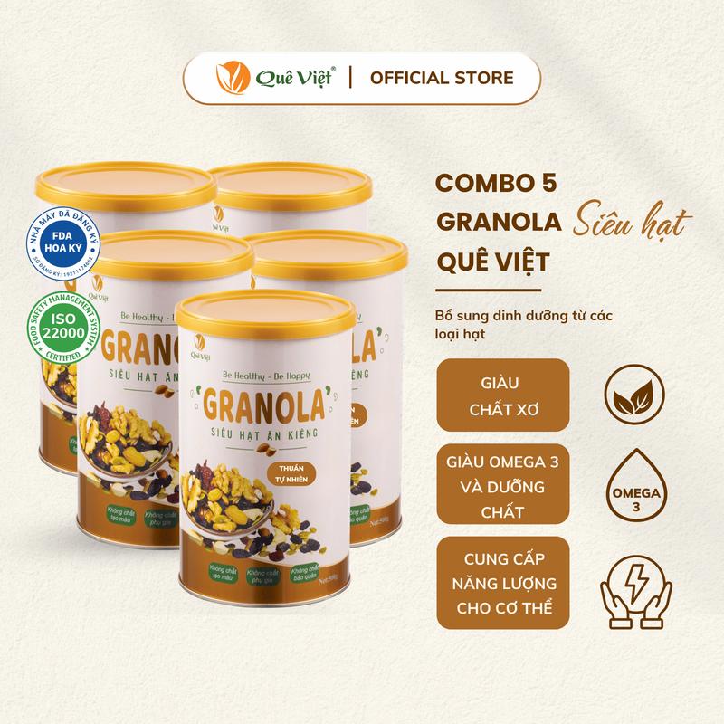 Combo 5 hộp Granola ngũ cốc siêu hạt Quê Việt x 500g/hộp + Tặng 1 hộp trà gạo lứt Quê Việt 600gr (20 túi * 30gr) Thức Ăn Food Hạt Ngũ Cốc