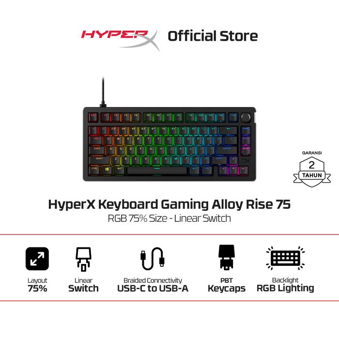 Gambar HyperX Keyboard Gaming Alloy Rise 75 75% Compact Tenkeyless Wired Linear Mechanical Switch PBT Keycaps RGB LED Medium Size Free Keycap Puller Non Wireless Non Hotswap Original dari HyperX Indonesia Kota Administrasi Jakarta Utara Tokopedia