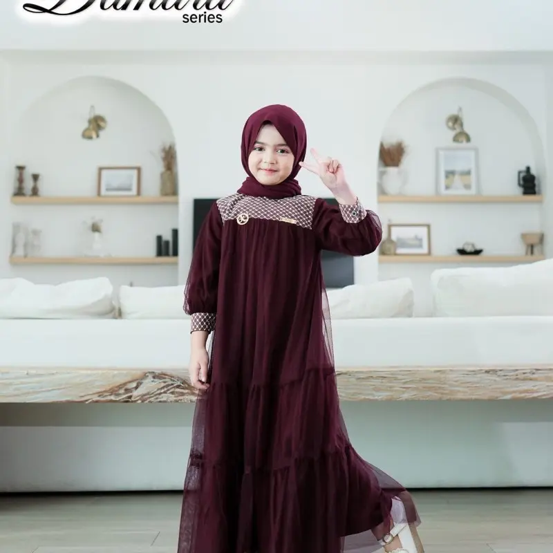Gaun muslimah Damara Dress kids burgundy series umur 3-7 Tahun Busana muslim bahan Shakila mix tille brukat premium Baju kondangan terlaris 2025