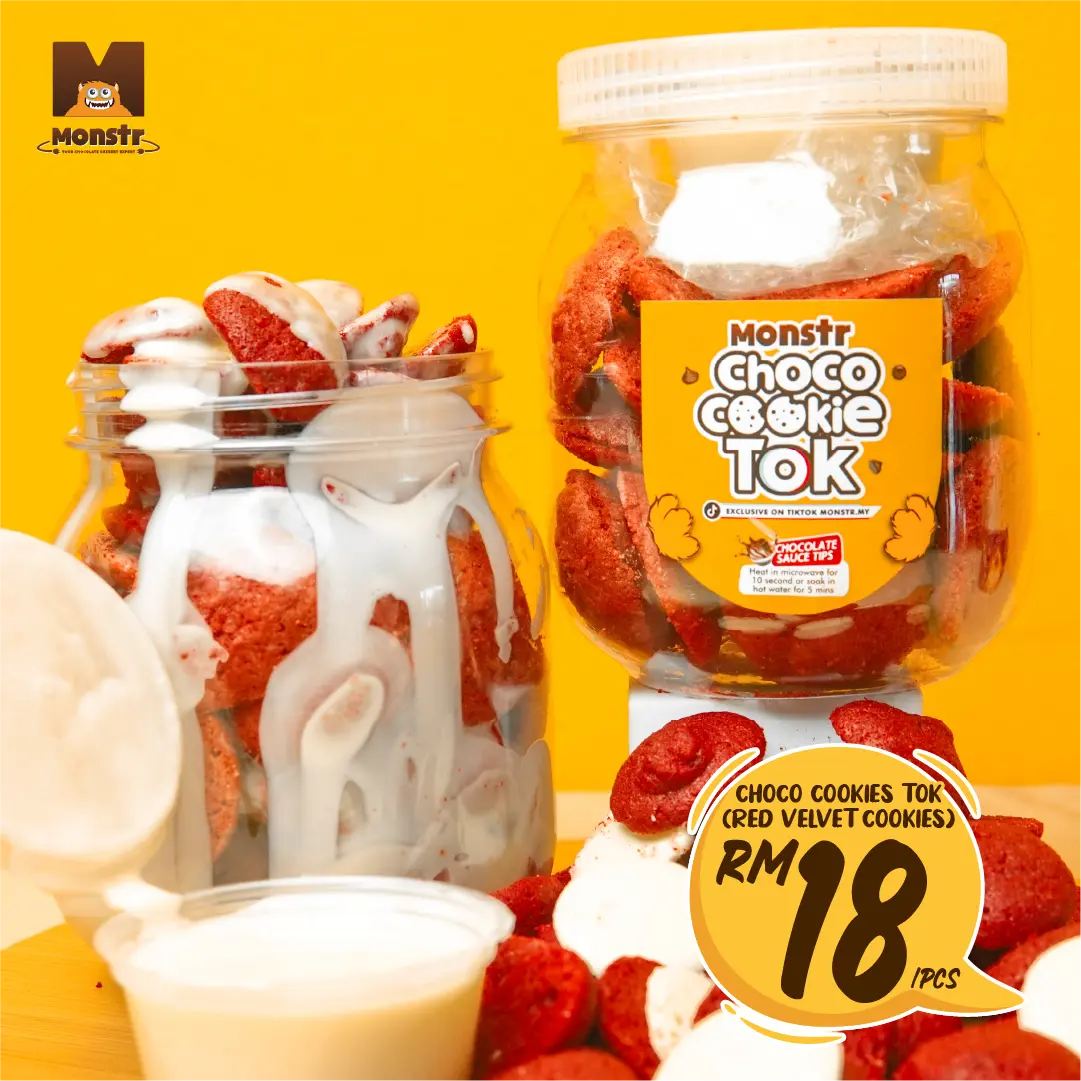 MONSTR Choco Cookies Tok - Red Velvet Cookies With White Chocolate Sauce Dip 200g Biskut Cookies Celup Dip white Coklat sos  Food Snack Bottle Manis