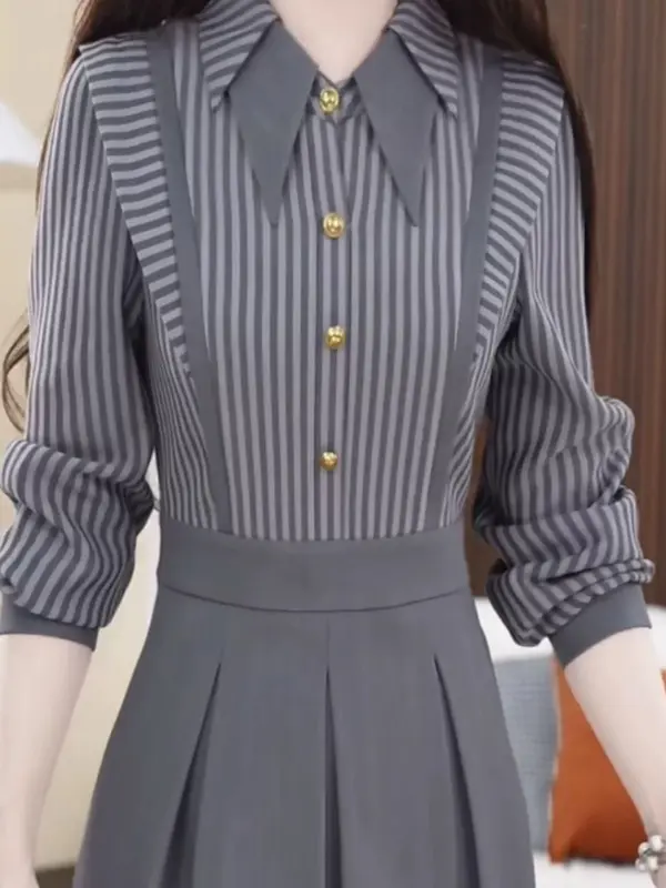 【ready stock】Gaun Dua Potong Palsu Sambungan Bergaris untuk Wanita dengan Rok Berlipat Kerah Polo 2