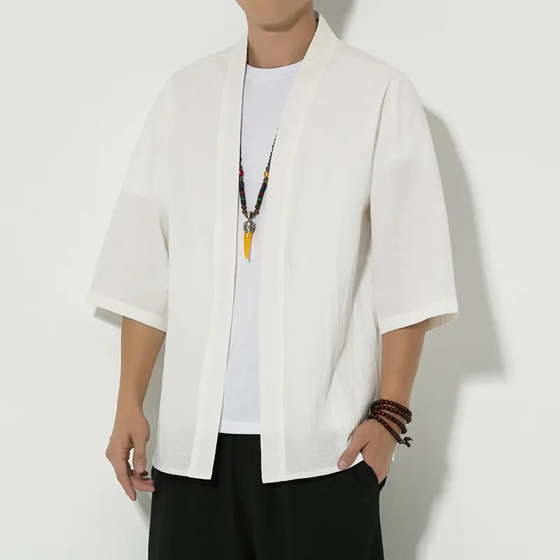 Chinese Hanfu men's thin loose cape ethnic style seven-point sleeve gown summer Zen dress retro solid color blouse Menswear Traditional Clothing Human Tropical