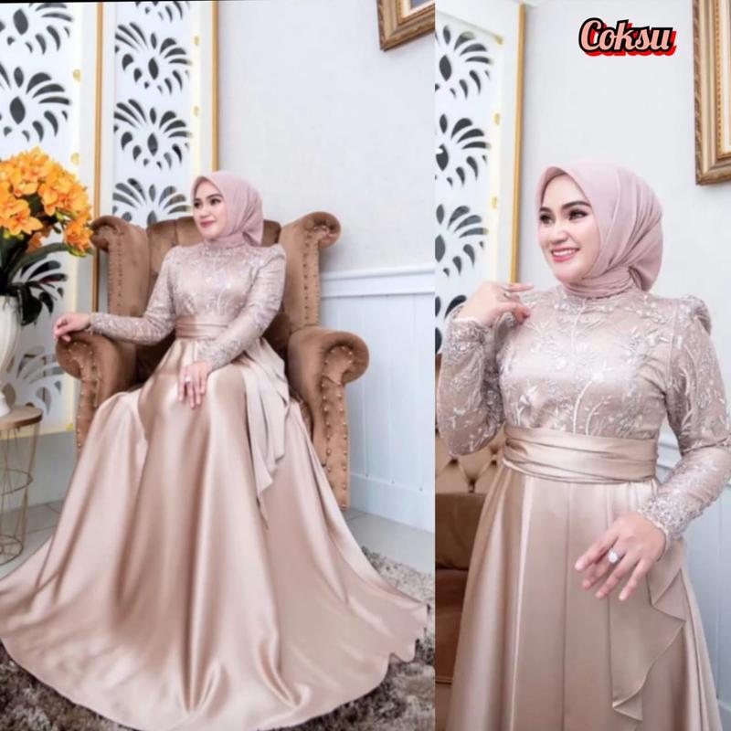 Dress Pesta Satin Roberto Mix Brokat / Gamis Keluaran Terbaru / Dress Aplikasi Brokat / Dress Wanita Jumbo / Azura Maxy Dress Kondangan Mewah 8
