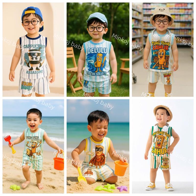 [Minkoj]-122dx bộ sát nách sọc bé in hình hoạ tiết tung tung tung Sahur bé từ 9-30kg chất vải thun lạnh 3d mềm mát cho bé mặc đi học hay đi chời đều xinh